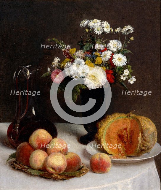 Still Life with Decanter, Flowers and Fruits, 1865. Artist: Fantin-Latour, Henri (1836-1904)