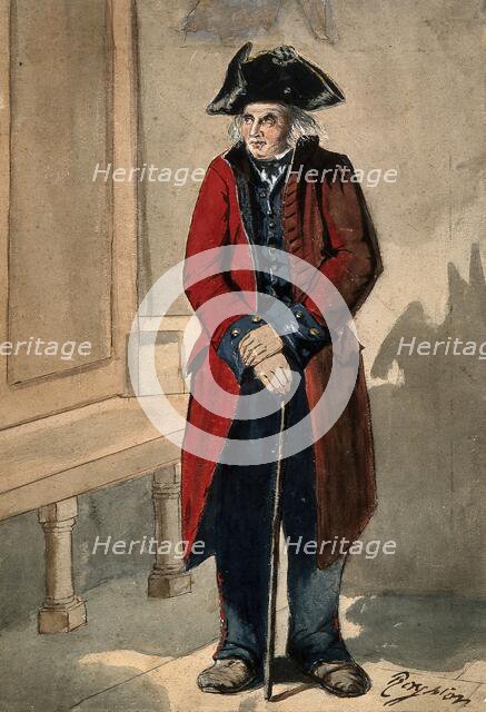 A Chelsea Pensioner standing in the hall at the Royal Hospital, leaning on his stick, c1680s.. Creator: Sir Christopher Wren.
