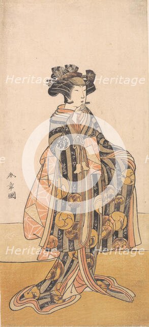 Yoshizawa Iroha as a Woman (Tomoe Gozen?) Standing on the Bank, 1774 or 1775. Creator: Shunsho.
