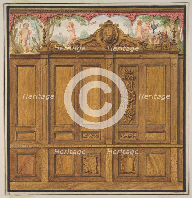 Design for the decoration of a room with a large wood-paneled cupboard..., 1830-97. Creators: Jules-Edmond-Charles Lachaise, Eugène-Pierre Gourdet.