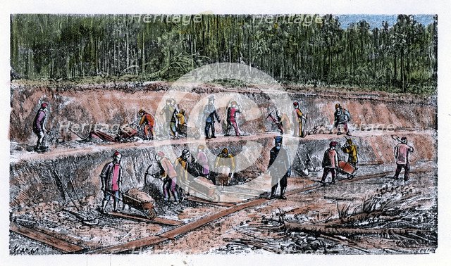 Chinese laborers working on the Transiberian railway works, engraving, 1890.