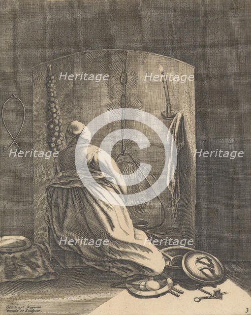 A Woman Cooking, Plate 3 from Five Feminine Occupations, ca. 1640-57., ca. 1640-57. Creator: Geertruydt Roghman.