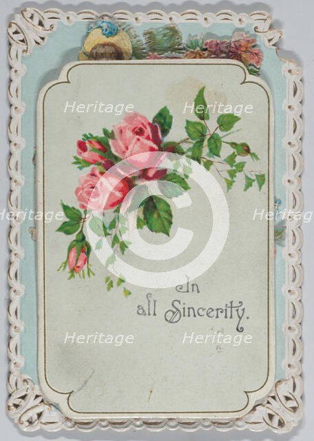 Valentine - Mechanical pull down - Woman on a garden bench with cascade and doves., ca..., ca. 1875. Creator: Anon.