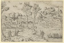 Landscape with ruins, courtiers, and a gondola, 1526-50. Creator: Leon Davent.