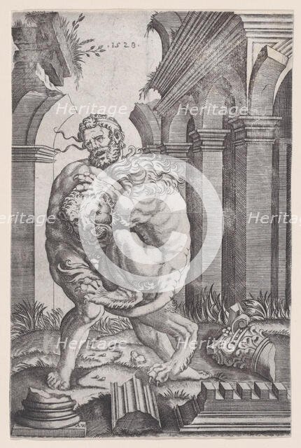 Hercules Strangling the Nemean Lion, dated 1528. Creator: Agostino Veneziano.