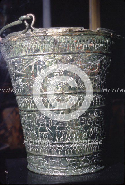 Bronze Situla with incised decoration showing warriors, Etruscan, Bologna, c6th century BC. Artist: Unknown.