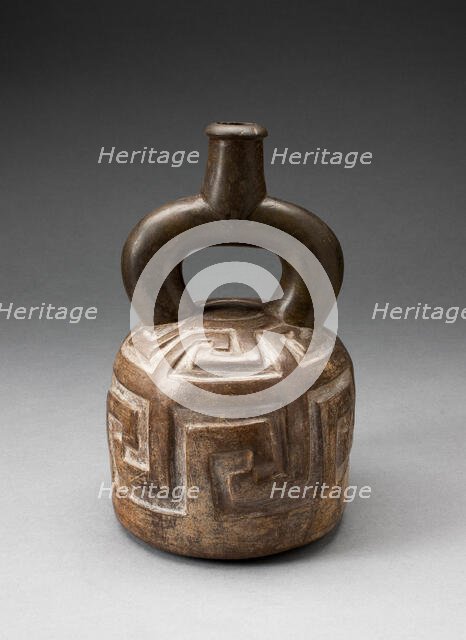 Stirrup Spout Vessel with Raised Geometric Scroll Motif, 1,000 B.C./200 B.C. Creator: Unknown.