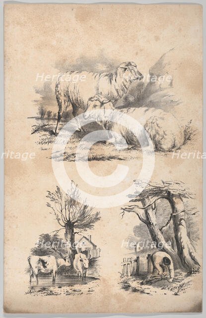 Vignette with two sheep, Vignette with two cows in a pool, and Vignette of a wood-gatherer..., 1847. Creator: Frances Flora Bond Palmer.