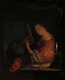 Woman tuning a theorbo, 1665.  Creator: Frans van Mieris I.