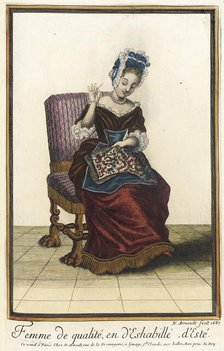 Recueil des modes de la cour de France, 'Femme de Qualité, en d'Eshabillé d'Esté', 1687. Creator: Nicolas Arnoult.