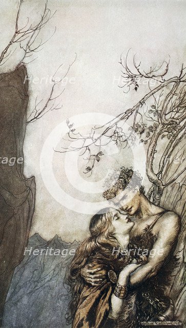 'Brunnhilde throws herself into Siegfried's arms', 1924.  Artist: Arthur Rackham