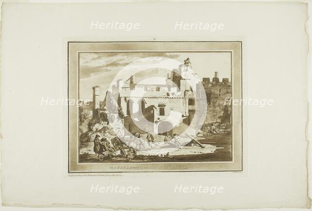 Manerbawr Castle, from Twelve Views in Aquatinta from Drawings taken...in South Wales,1775. Creator: Paul Sandby.