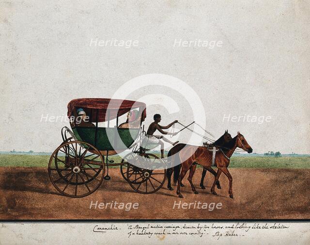 Four people travelling in a carriage drawn by two horses, (between 1800 and 1899?). Creator: Unknown.
