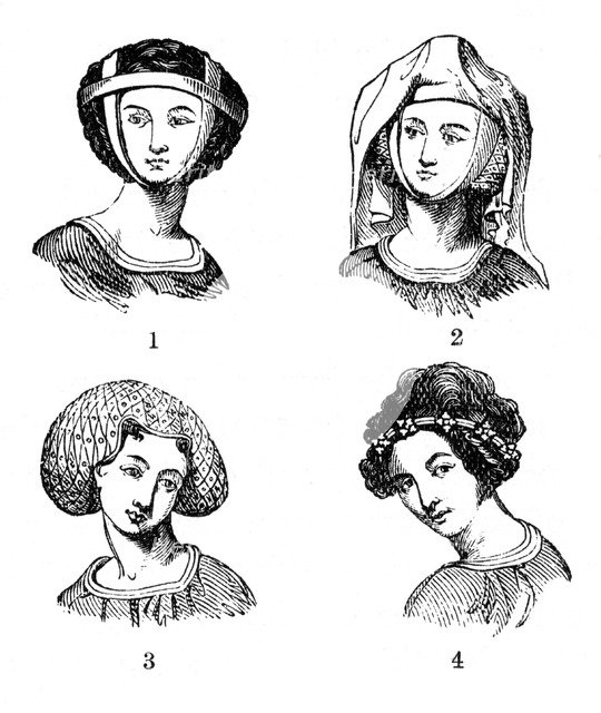 Women's hairstyles, late 13th-early 14th century, (1910). Artist: Unknown