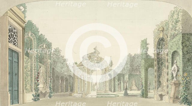 Design for a theater decor with a garden, c.1727-c.1780. Creator: Pieter Barbiers.