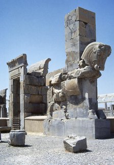 Column shaped like a bull, northern gate entrance, Palace of 100 Columns, Persepolis, Iran, 1994. Creator: LTL.