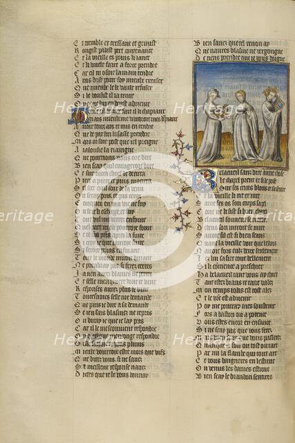 The Personification of Old Age Giving a Garland to Good Reception; Roman de la Rose, about 1405. Creator: Unknown.