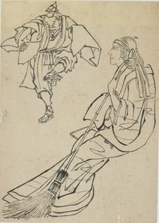 Old woman seated on bench before whom a man with fan dances, late 18th-early 19th century. Creator: Hokusai.