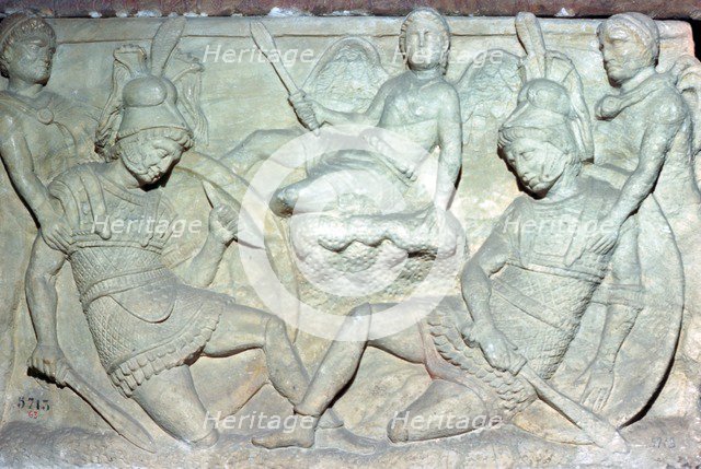 Detail of an Etruscan sarcophagus from Chiusi showing the death of Eteocles and Polynices. Artist: Unknown