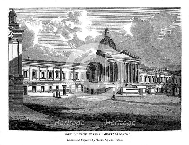 Principal front of the University of London, 1843. Artist: Messrs Sly and Wilson