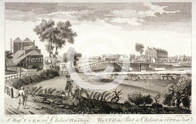 West view of Chelsea Bridge, London, c1760. Artist: William Lodge