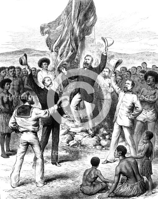 Hoisting the British Flag in New Guinea: Mr. H. M. Chester...calling for cheers, 1883. Creator: Unknown.