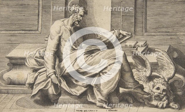 Saint Mark writing his Gospel, a winged lion at the right, 1531-76. Creator: Giulio Bonasone.