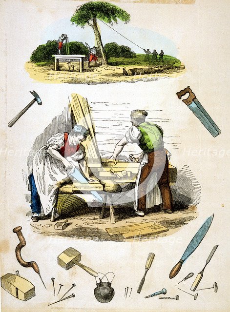 Carpenters at work, surrounded by various tools, c1845. Artist: Unknown