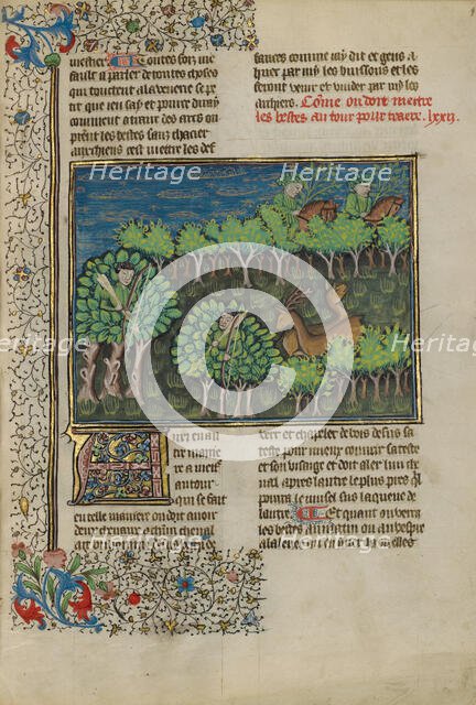 Camouflaged Hunters Preparing to Attack a Deer; Livre de la Chasse, about 1430-1440. Creator: Unknown.