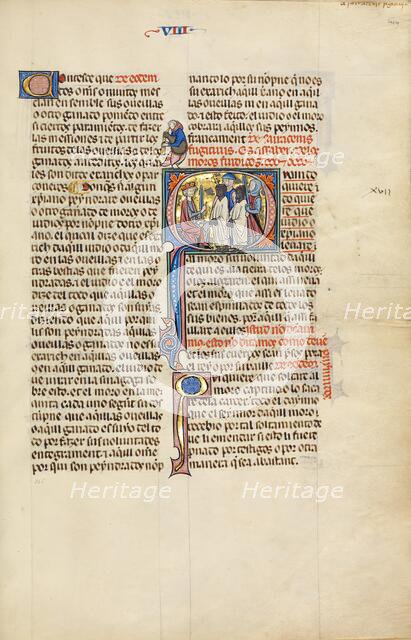 Initial Q: Two Soldiers Leading Two Muslim Men before a King; Vidal Mayor, about 1290-1310. Creator: Unknown.