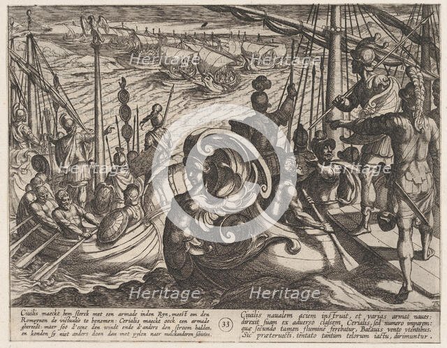 Plate 33: Dutch and Roman Flotillas on the Rhine, from The War of the Romans Against the B..., 1611. Creator: Antonio Tempesta.