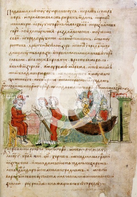 Askold and Dir asked by Rurik for a permission to go to Constantinople (from the Radziwill Chronicle), 15th century. Artist: Anonymous  