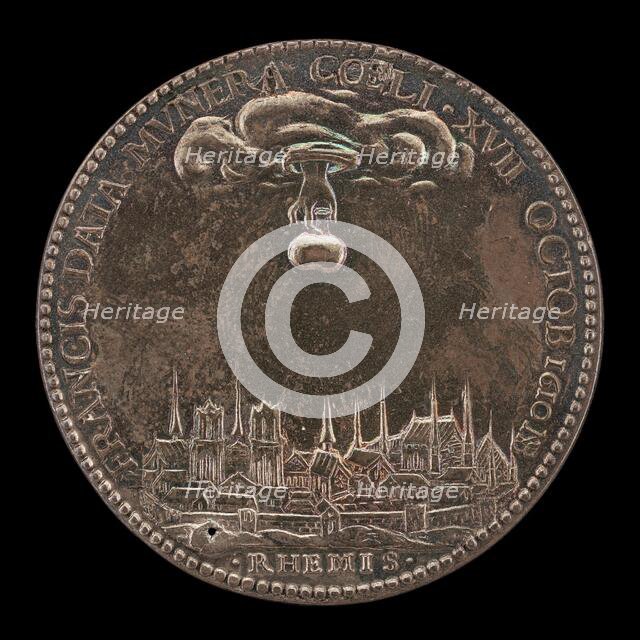 Hand Holding Sacred Ampulla over Rheims [reverse], 1610. Creator: Nicolas Briot.