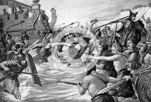 The landing of Julius Caesar in Britain, 55 BC, (c1920s).Artist: Richard Caton Woodville II