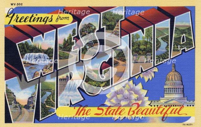 'Greetings from West Virginia, the State Beautiful', postcard, 1937. Artist: Unknown