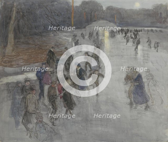 Ice entertainment by moonlight, on a frozen pond in Bosch in The Hague, 1874-1927. Creator: Johan Antonie de Jonge.