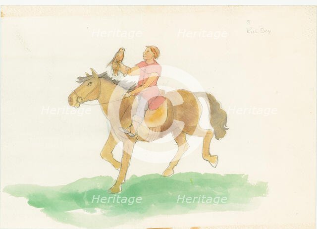 A medieval man, shown riding a horse with a bird of prey on his arm, 2004. Creator: Judith Dobie.