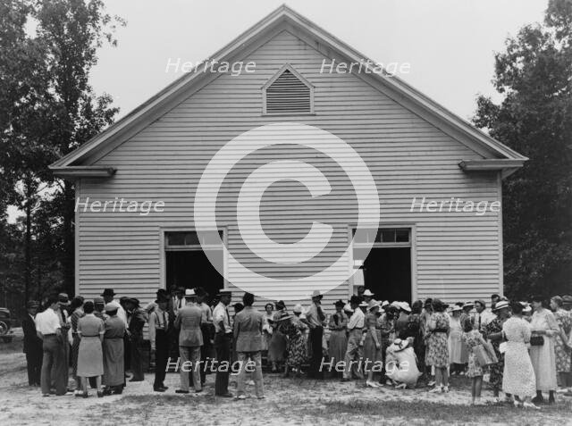 Gathering of congregation after church..., Wheeley's Church, Person County, North Carolina, 1939. Creator: Dorothea Lange.