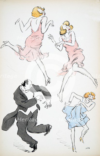 Three illustrations of transvestites in blue and pink dresses dancing with a larger gentleman in whi