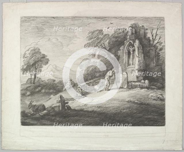 Wooded Landscape with a Peasant Reading a Tombstone, Rustic Lovers and a Ruined ..., August 1, 1797. Creator: Thomas Gainsborough.