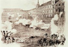 Popular disorders in Madrid, skirmish in the Plaza Mayor between two companies of infantry and a …