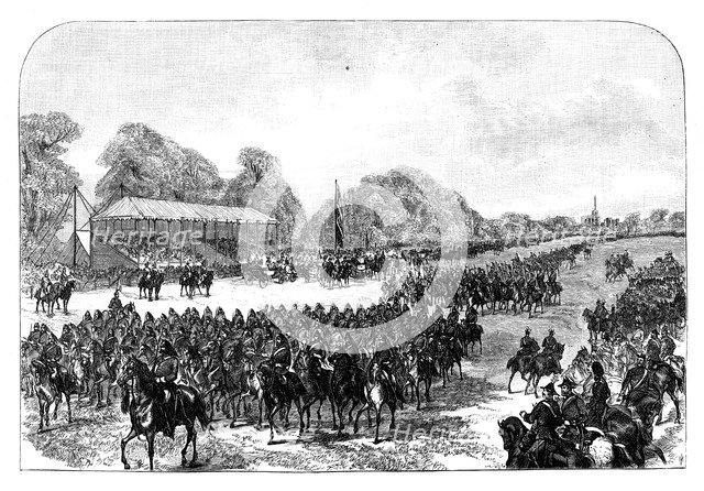 Queen Victoria reviewing volunteers in the Great Park, Windsor, Berkshire, late 19th century. Artist: Unknown