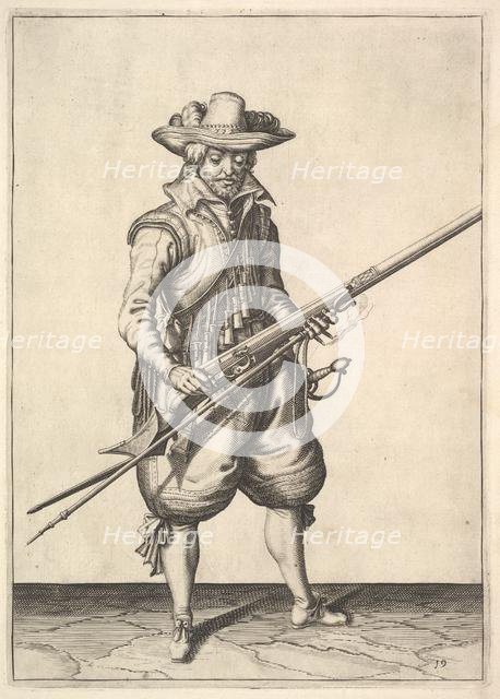 A soldier shaking the powder from the top of the pan, from the Musketeers series, plate 19, in.... Creator: Unknown.