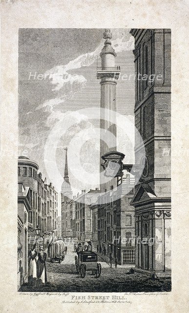 Fish Street Hill and the Monument, London, 1817. Artist: Robert Cabbel Roffe