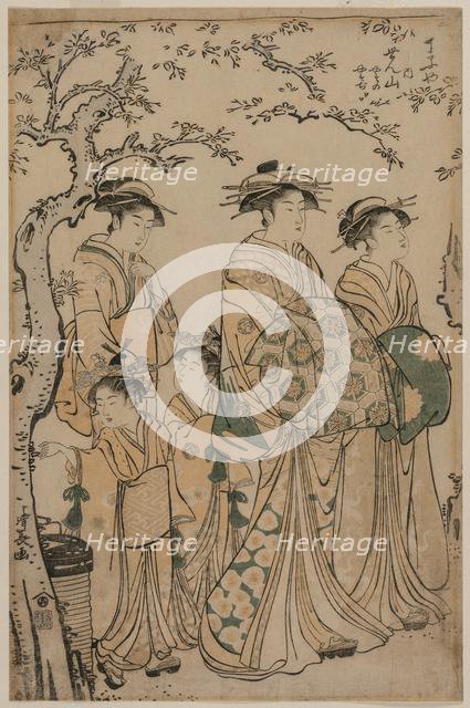 The Courtesan Senzan of Chojiya Strolling with her Kamuro Yasono and Yasoji and Two Shinzo, 1786. Creator: Torii Kiyonaga (Japanese, 1752-1815).
