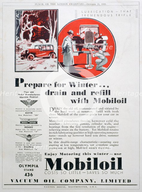 Mobiloil motor oil advert, 1931. Artist: Unknown