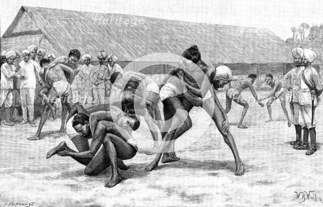 Sketches of the Military Police of Burmah: wrestling-match in camp, 1890. Creator: P Naumann.