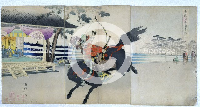 Archery at the samurai in the gardens of Chiyoda No Onmote-Yabusame Jyoran, popular card, 1897.