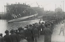 Launching of a submarine, Kockums shipyard, Malmö, Sweden, 1921. Artist: Otto Ohm