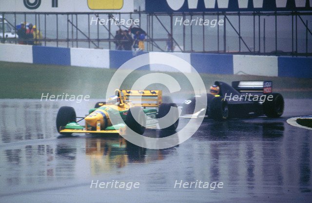 Benetton B193A Michael Schumacher and K.Wendlinger in Sauber Ilmor 1993 Euro GP at Donington Artist: Unknown.